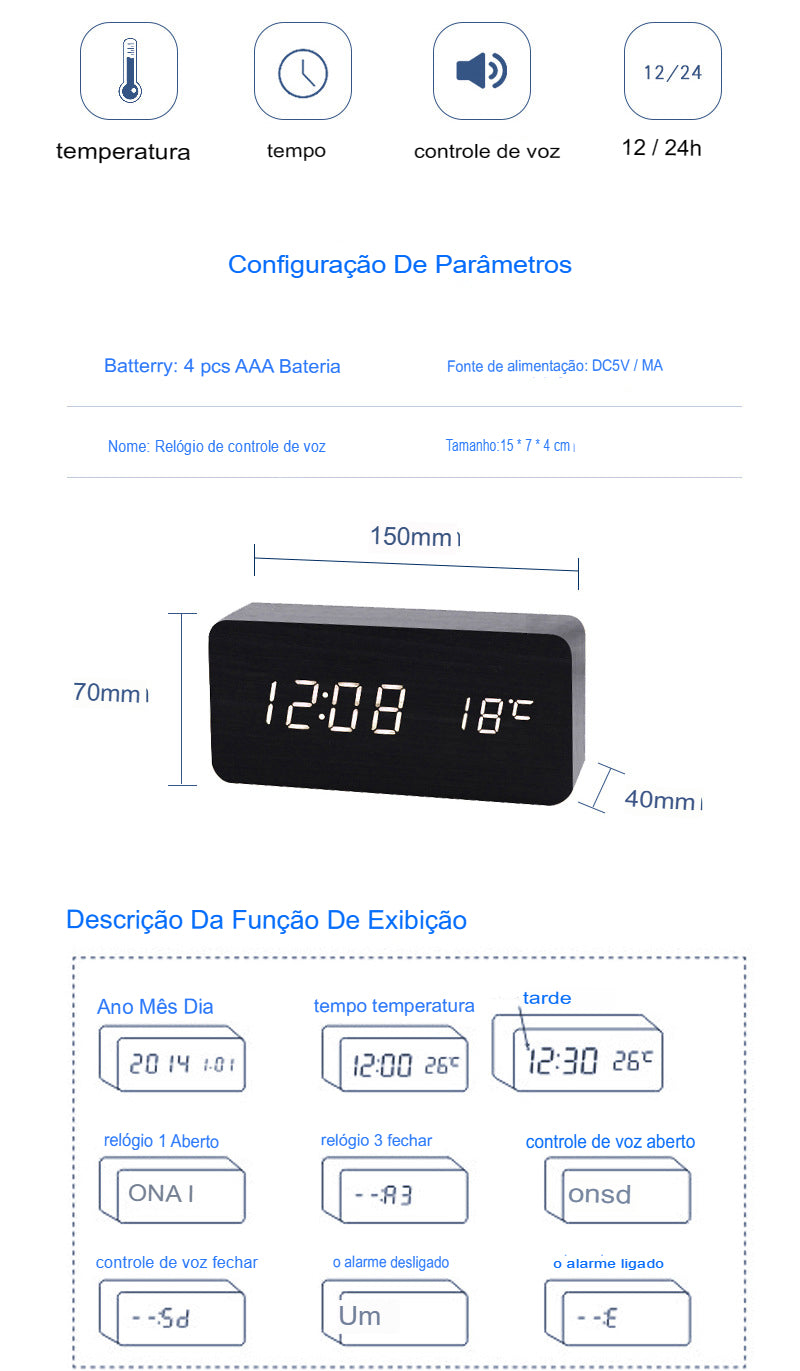 Despertador de Madeira Led